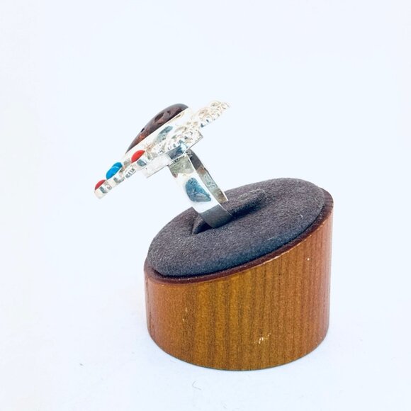 925 Sterling Silver Statement Ring Amber Turquoise Coral Inlay Size 8 Estate - Picture 4 of 11